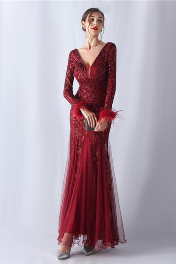 Sparkly Mermaid Burgundy Feathered Mother of Bride Dress with Long Sleeves