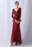 Sparkly Mermaid Burgundy Feathered Formal Dress with Long Sleeves