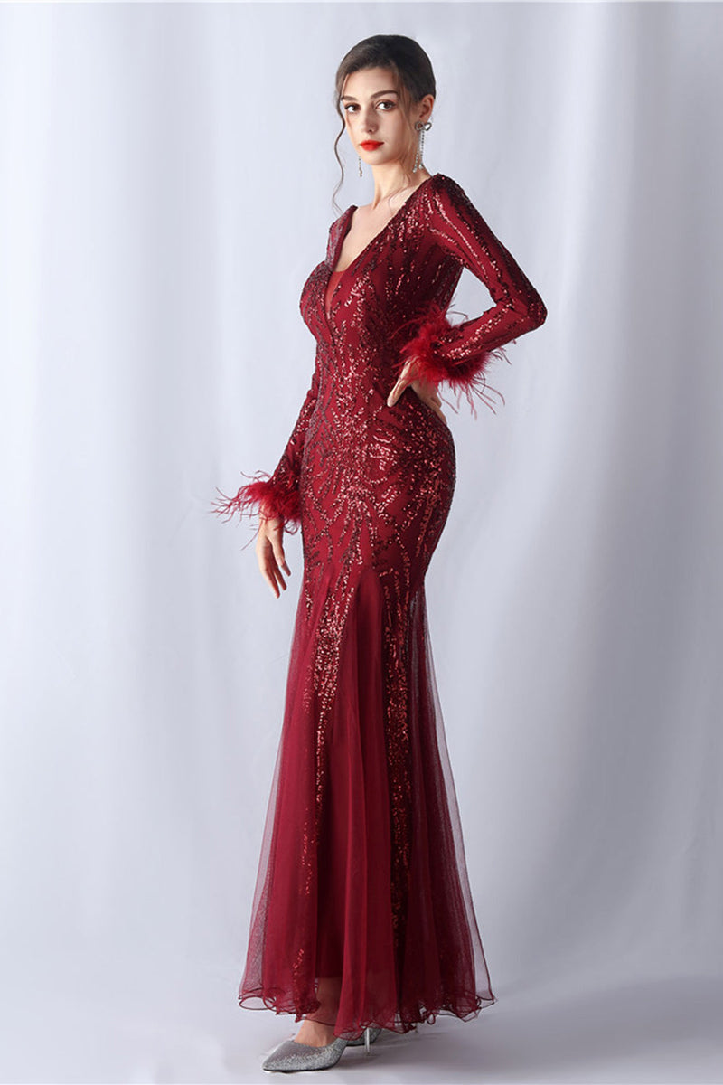 Load image into Gallery viewer, Sparkly Mermaid Burgundy Feathered Mother of Bride Dress with Long Sleeves