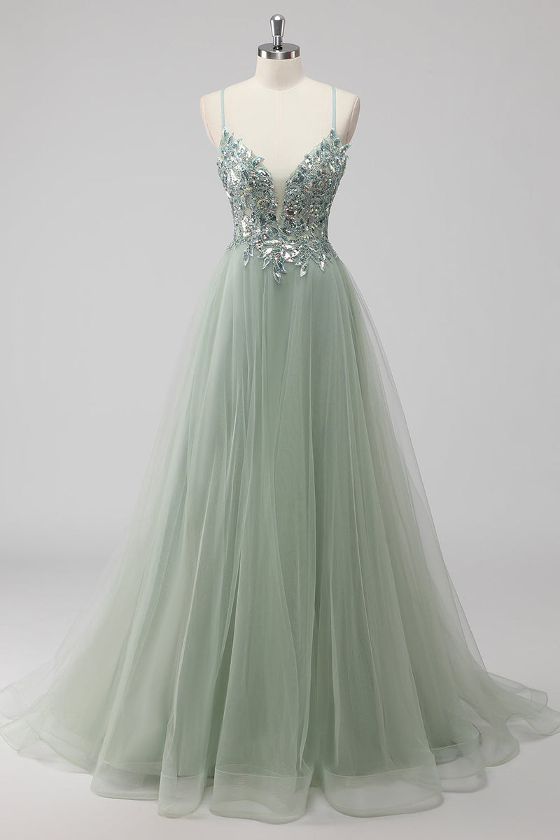 Load image into Gallery viewer, Green Sequin A Line Tulle Long Prom Dress with Lace up Back