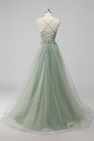 Green Sequin A Line Tulle Long Prom Dress with Lace up Back