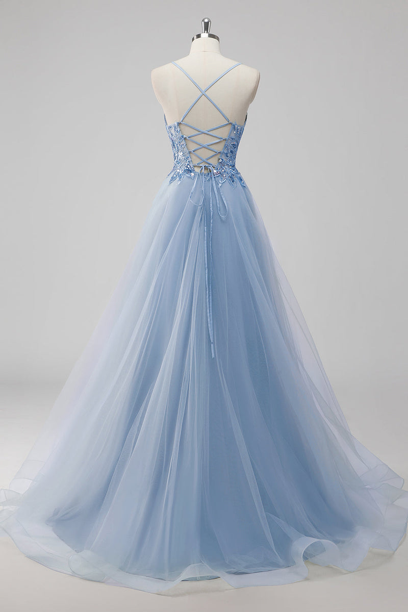 Load image into Gallery viewer, Green Sequin A Line Tulle Long Prom Dress with Lace up Back