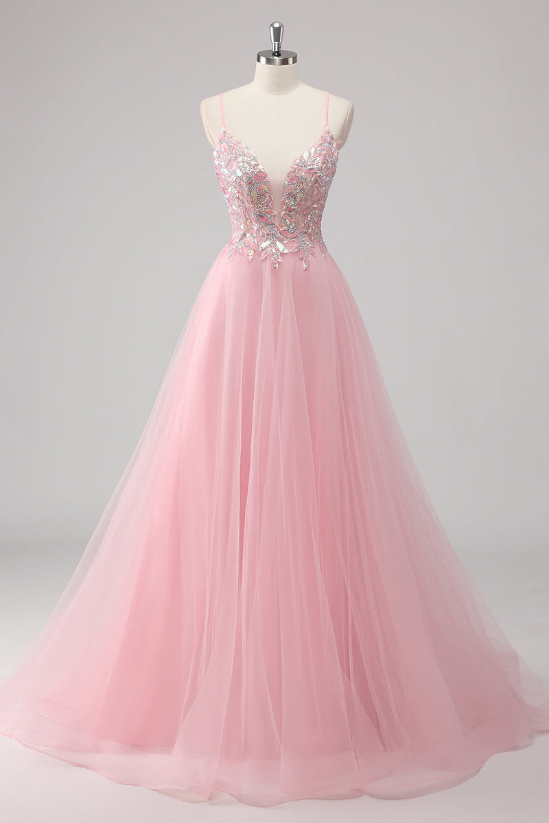 Load image into Gallery viewer, Green Sequin A Line Tulle Long Prom Dress with Lace up Back