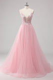 Pink A-Line Spaghetti Straps Tulle Long Prom Dress with Sequined Appliques