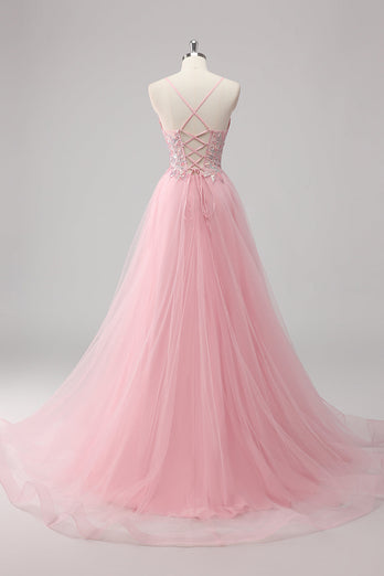 Green Sequin A Line Tulle Long Prom Dress with Lace up Back