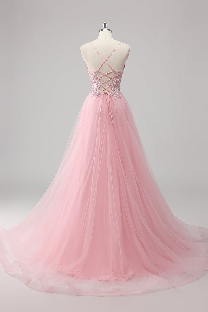 Load image into Gallery viewer, Green Sequin A Line Tulle Long Prom Dress with Lace up Back