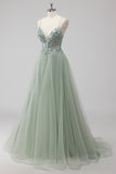 Green Sequin A Line Tulle Long Prom Dress with Lace up Back