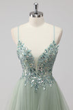 Green Sequin A Line Tulle Long Prom Dress with Lace up Back