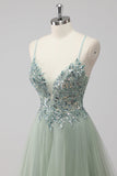 Green Sequin A Line Tulle Long Prom Dress with Lace up Back