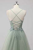 Green Sequin A Line Tulle Long Prom Dress with Lace up Back