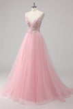 Pink A-Line Spaghetti Straps Tulle Long Prom Dress with Sequined Appliques