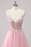 Pink A-Line Spaghetti Straps Tulle Long Prom Dress with Sequined Appliques