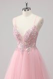 Pink A-Line Spaghetti Straps Tulle Long Prom Dress with Sequined Appliques