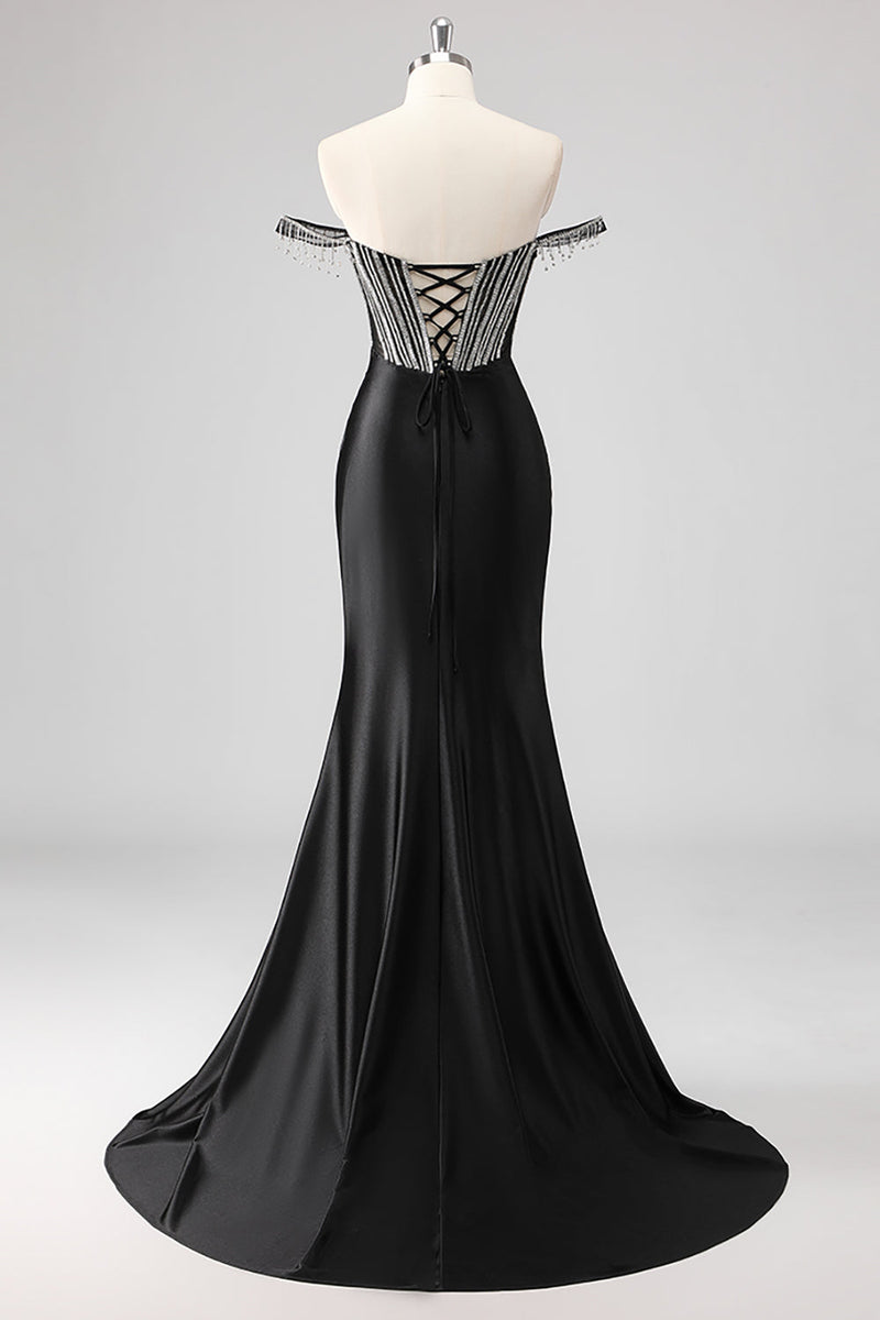 Load image into Gallery viewer, Mermaid Cold Shoulder Beaded Long Pink Prom Dress with Slit