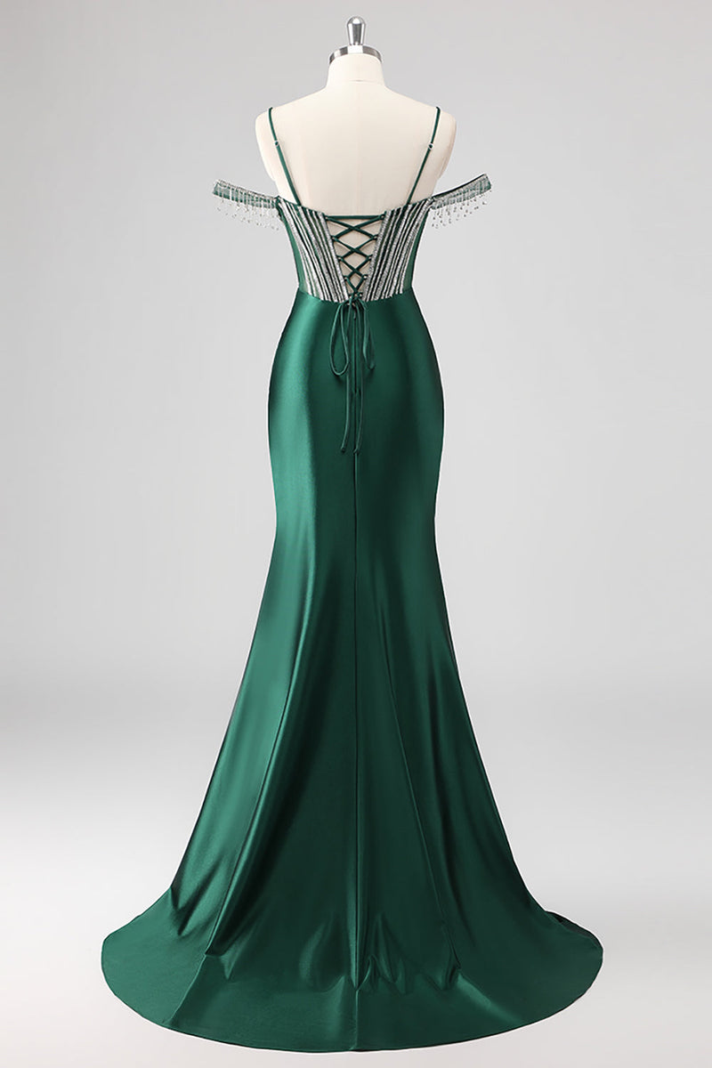 Load image into Gallery viewer, Mermaid Cold Shoulder Beaded Long Pink Prom Dress with Slit