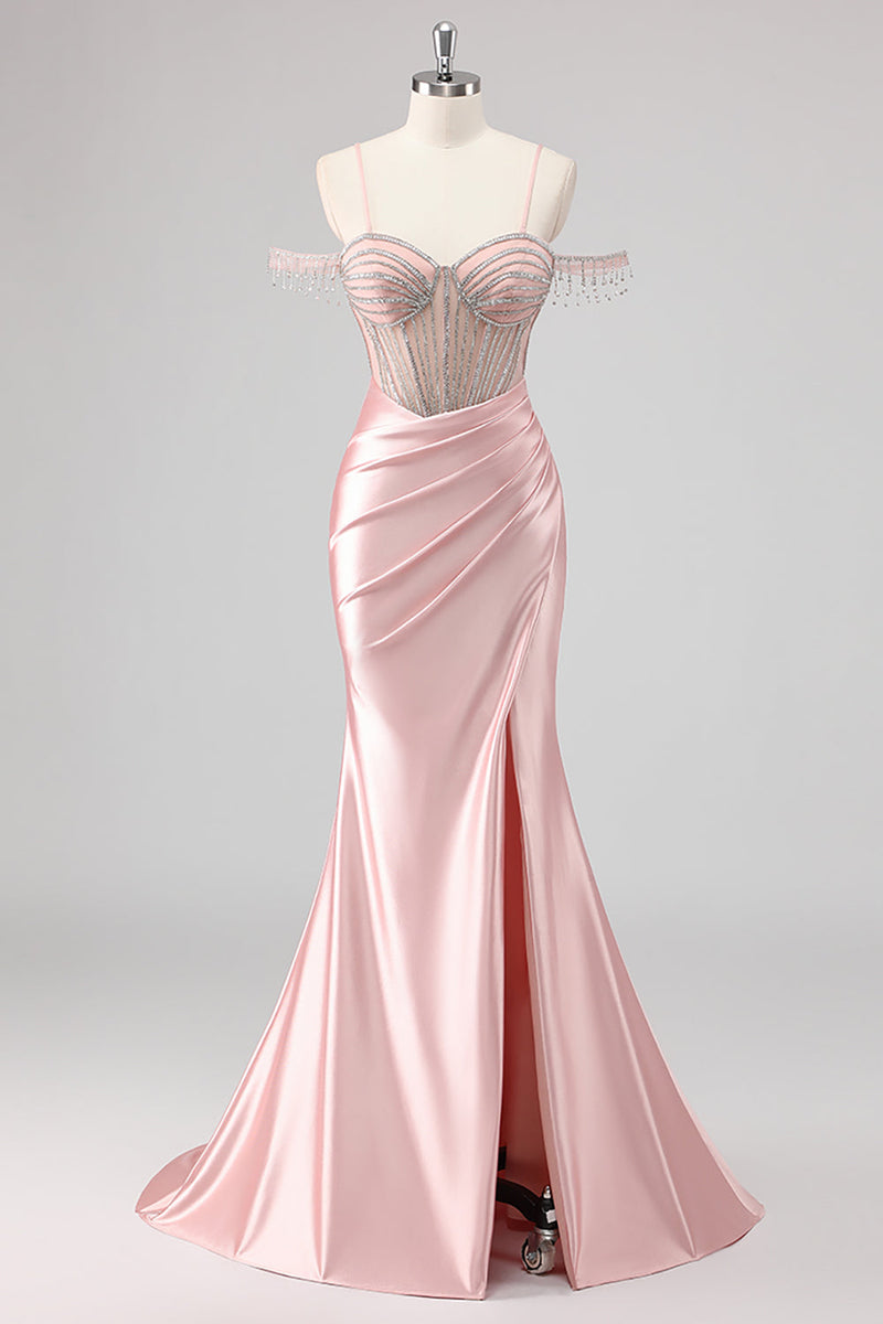 Load image into Gallery viewer, Mermaid Cold Shoulder Beaded Long Pink Prom Dress with Slit