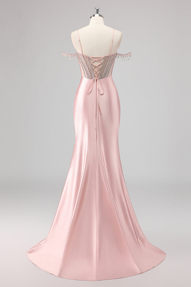 Load image into Gallery viewer, Mermaid Cold Shoulder Beaded Long Pink Prom Dress with Slit