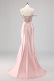 Mermaid Cold Shoulder Beaded Long Pink Prom Dress with Slit