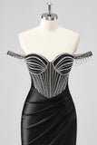 Sparkly Black Mermaid Off the Shoulder Beading Long Prom Dress with Slit