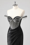 Sparkly Black Mermaid Off the Shoulder Beading Long Prom Dress with Slit