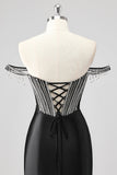 Sparkly Black Mermaid Off the Shoulder Beading Long Prom Dress with Slit