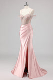Mermaid Cold Shoulder Beaded Long Pink Prom Dress with Slit