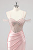 Load image into Gallery viewer, Mermaid Cold Shoulder Beaded Long Pink Prom Dress with Slit