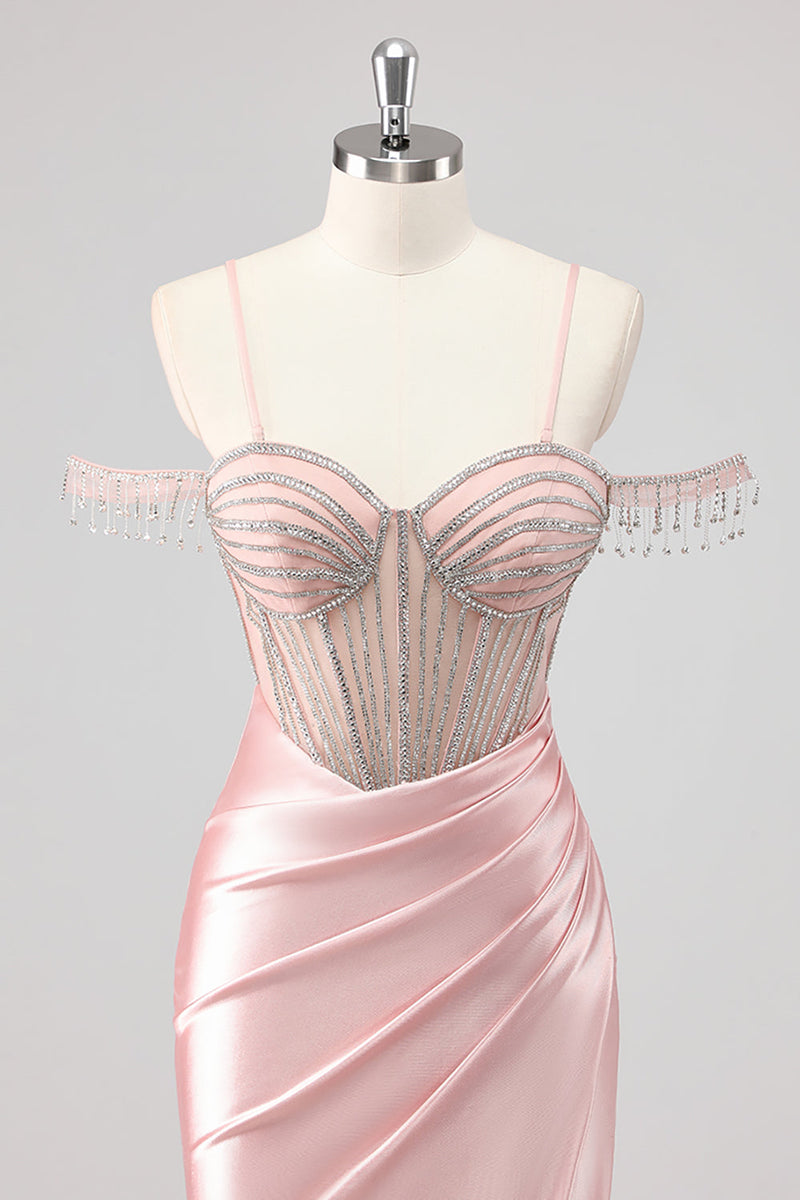 Load image into Gallery viewer, Mermaid Cold Shoulder Beaded Long Pink Prom Dress with Slit