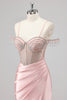 Load image into Gallery viewer, Mermaid Cold Shoulder Beaded Long Pink Prom Dress with Slit