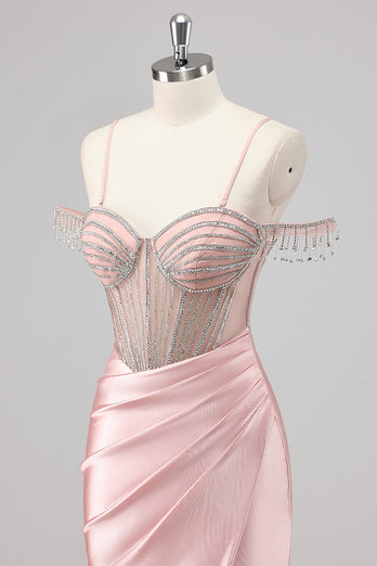 Mermaid Cold Shoulder Beaded Long Pink Prom Dress with Slit