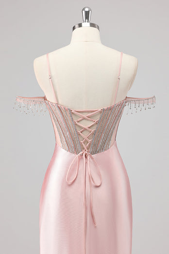 Mermaid Cold Shoulder Beaded Long Pink Prom Dress with Slit