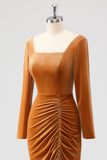 Brown Sheath Square Neck Velvet Long Sleeves Long Bridesmaid Dress