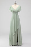 Sage Green A-Line Flutter Sleeves Long Chiffon Choir Dress with Slit