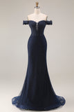 Off the Shoulder Navy Mermaid Appliqued Long Prom Dress with Beading