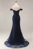 Off the Shoulder Navy Mermaid Appliqued Long Prom Dress with Beading