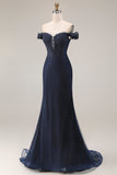 Off the Shoulder Navy Mermaid Appliqued Long Prom Dress with Beading