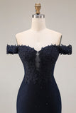 Off the Shoulder Navy Mermaid Appliqued Long Prom Dress with Beading