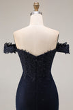 Off the Shoulder Navy Mermaid Appliqued Long Prom Dress with Beading