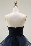 Navy A Line Sweetheart Ruched Long Prom Dress with Ruffles