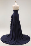 Navy Sweetheart A Line Pleated Prom Dress with Ruffled Sash