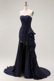 Navy Sweetheart A Line Pleated Prom Dress with Ruffled Sash
