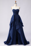 Navy Strapless Ruffled A Line Pleated Long Prom Dress with Slit