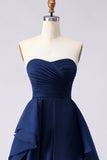 Navy Strapless Ruffled A Line Pleated Long Prom Dress with Slit