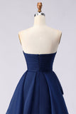 Navy Strapless Ruffled A Line Pleated Long Prom Dress with Slit