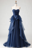 Navy Princess Strapless Ruffled A-Line Long Prom Dress