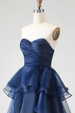 Navy Princess Strapless Ruffled A-Line Long Prom Dress