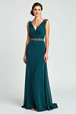 Peacock Sheath Wrap V Neck Chiffon Long Mother of the Bride Dress with Beading
