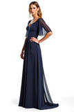 Navy Short Sleeves Sheath Long Mother Of Bride Dress