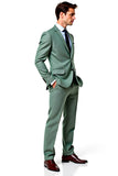 Grey Green Slim-Fit Notched Lapel Single Breasted Men Suits