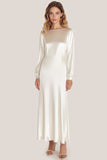 Ivory Satin Sheath Ankle Length Formal Dress with Long Sleeves